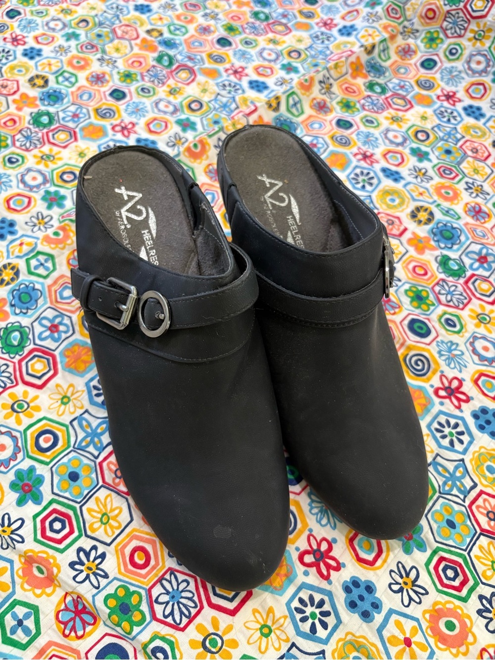 A2 by Aerosole Black Mule Clogs with Decorative Buckle